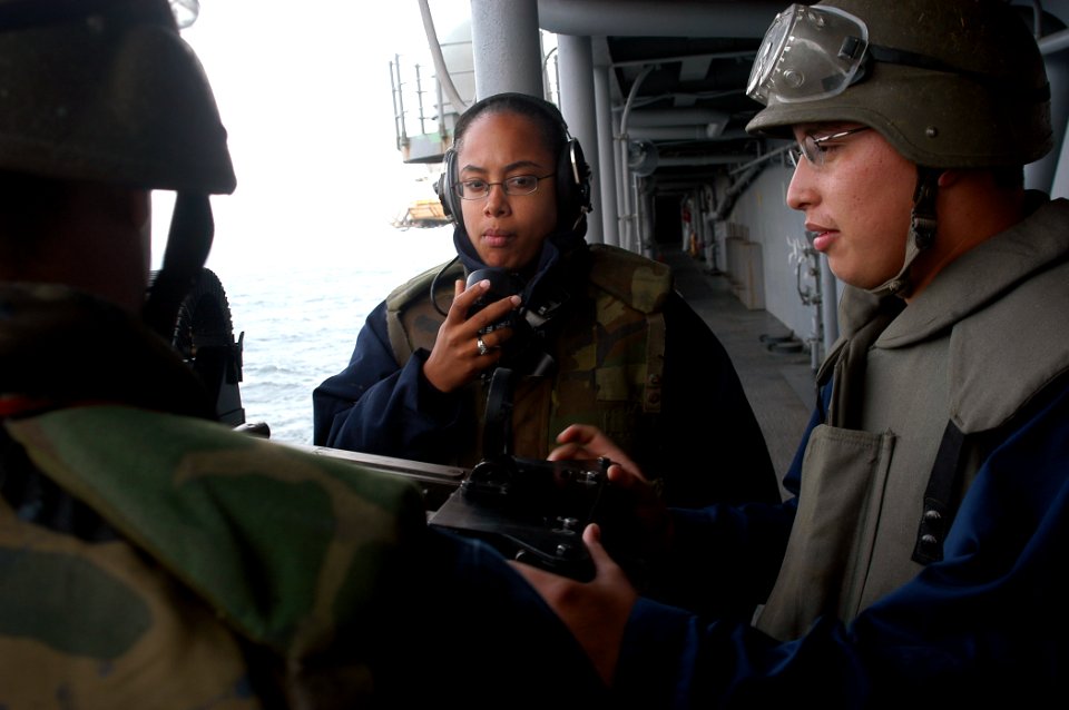 US Navy 071222-N-1831S-005 Watch standers man the .50 cal starboard side gun mount during a general quarters drill aboard amphibious assault ship USS Kearsarge (LHD 3)