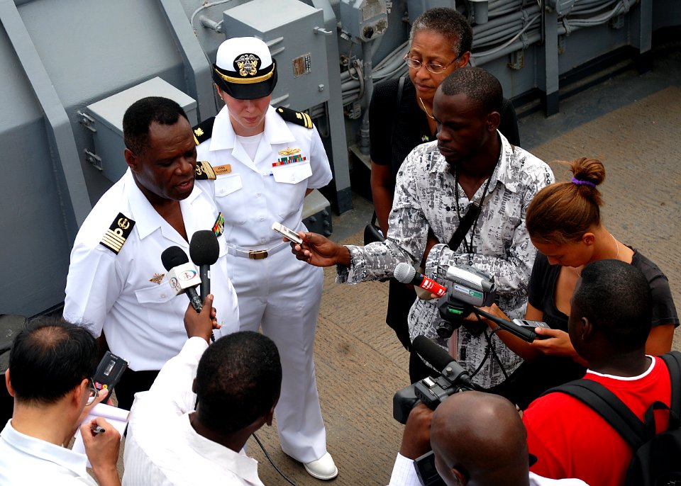 US Navy 080107-N-4044H-052 Capt. Paul Biving Nziengui, chief of the Gabonese National Navy, speaks to national media aboard Africa Partnership Station (APS) dock landing ship USS Fort McHenry (LSD 43)