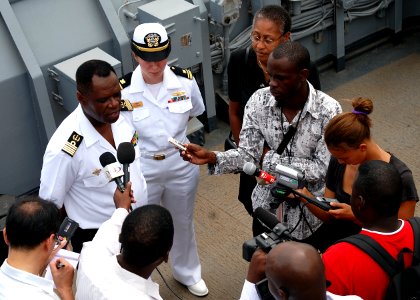 US Navy 080107-N-4044H-052 Capt. Paul Biving Nziengui, chief of the Gabonese National Navy, speaks to national media aboard Africa Partnership Station (APS) dock landing ship USS Fort McHenry (LSD 43)