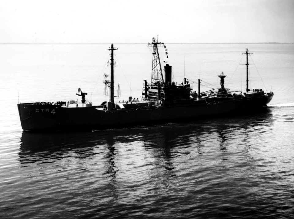 USS Belmont (AGTR-4) underway in the later 1960s (NH 86791)