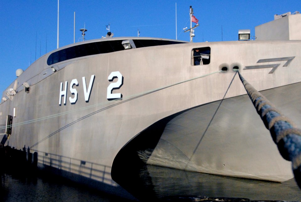 US Navy 080104-N-6081J-016 The high-speed vessel (HSV 2) Swift is moored pier-side at Naval Amphibious Base Little Creek before departing for the western coast of Africa