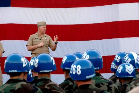 US Navy 080110-N-8273J-301 Adm. Gary Roughead, Chief of Naval Operations (CNO), talks with candidates from Basic Underwater Demolition-SEAL (BUD-S) class 268