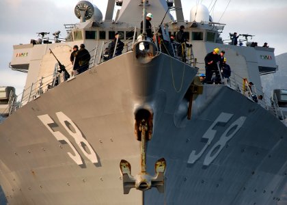 US Navy 080109-N-0780F-002 Sailors conduct mooring operations as guided missile destroyer USS Laboon (DDG 58) arrives for a routine port visit to the island of Crete