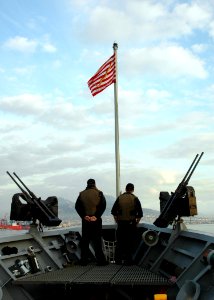 US Navy 080109-N-1655H-006 Sailors stand watch aboard the guided-missile cruiser USS San Jacinto (CG 56) while the ship makes a port call in Naples