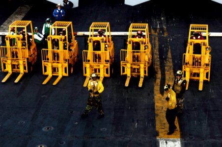 US Navy 080106-N-5758H-397 Sailors aboard the Nimitz-class nuclear-powered aircraft carrier USS Harry S. Truman (CVN 75) direct an MH-60S Seahawk