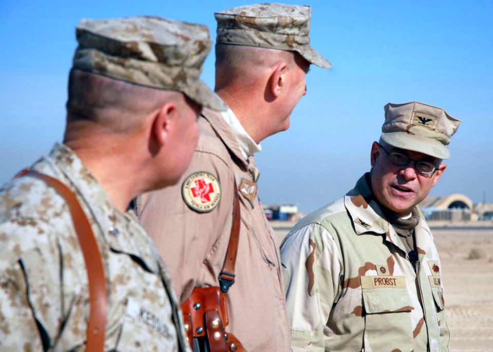 US Navy 080108-N-3857R-001 Capt. Hans Probst, Commander, 30th Naval Construction Regiment, speaks at a ceremony officially opening a newly renovated runway at Camp Taqaddum