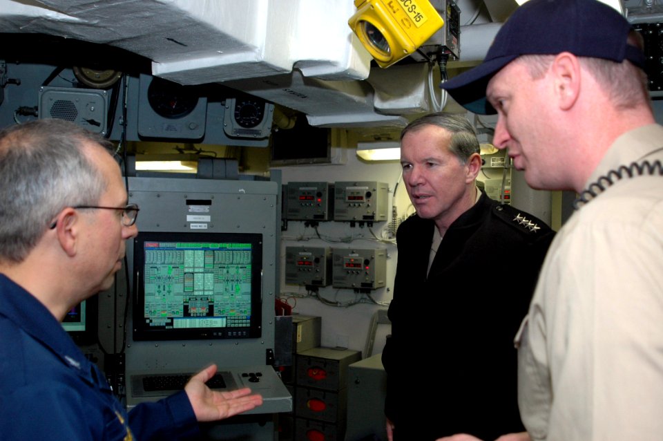 US Navy 080109-N-1655H-008 Capt. Matthew Sharpe, Commanding Officer, USS San Jacinto (CG 56) explains upgrades made to San Jacinto to Adm. Mark Fitzgerald, Commander, Naval Forces Europe while he toured the guided missile cruis