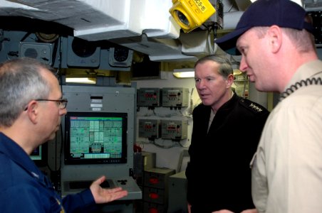 US Navy 080109-N-1655H-008 Capt. Matthew Sharpe, Commanding Officer, USS San Jacinto (CG 56) explains upgrades made to San Jacinto to Adm. Mark Fitzgerald, Commander, Naval Forces Europe while he toured the guided missile cruis