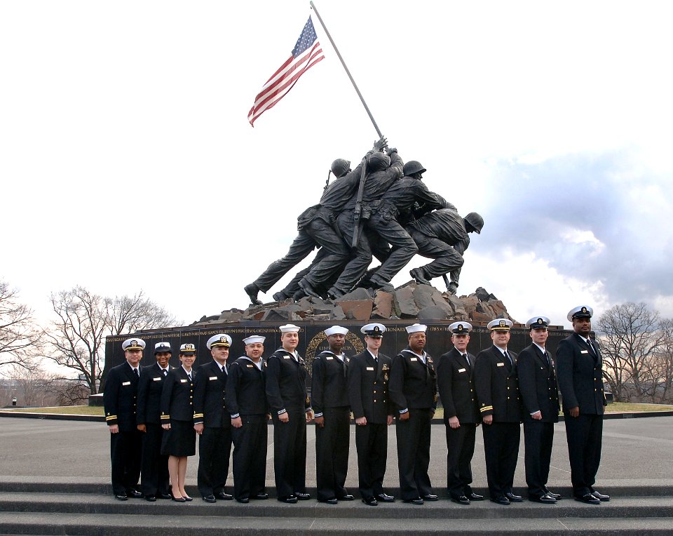 US Navy 080109-N-9769P-003 The Recruiters of the Year for Navy Recruiting Command stand in front of the Iwo Jima Memorial in Washington during Recruiter of the Year Week