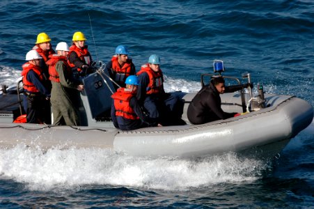 US Navy 080109-N-4879G-283 Search and Rescue (SAR) Swimmers aboard the Nimitz-class nuclear-powered aircraft carrier USS Harry S. Truman (CVN 75) use a Rigid Hull Inflatable Boat (RHIB) to conduct open water SAR training