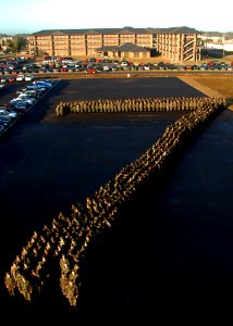US Navy 080107-N-1120L-021 Naval Mobile Construction Battalion (NMCB) 7 Seabees pose for a group photo together in the shape of the battalion's number