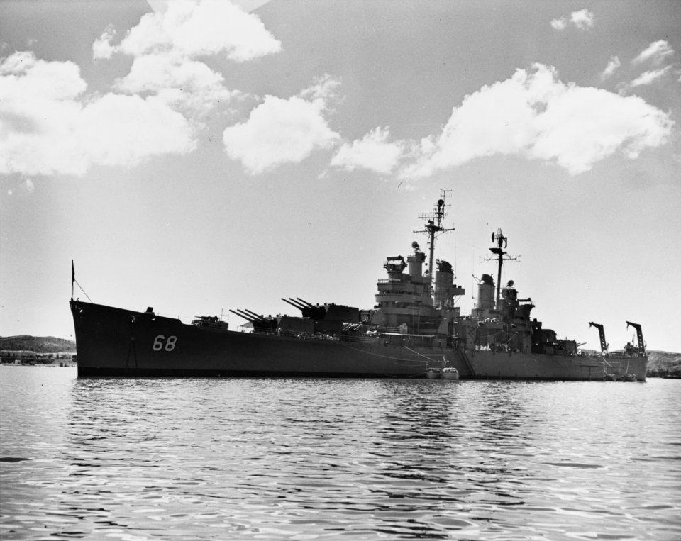 USS Baltimore (CA-68) anchored in Guantanamo Bay on 22 September 1954 (NH 52422)
