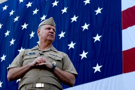 US Navy 080110-N-8273J-281 Adm. Gary Roughead, Chief of Naval Operations (CNO), talks with candidates from Basic Underwater Demolition-SEAL (BUD-S) class 268