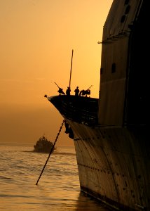 US Navy 080108-N-4014G-002 Sailors stand watch on the foc'sle of the guided-missile cruiser USS San Jacinto (CG 56) while the ship is in Naples for a port visit