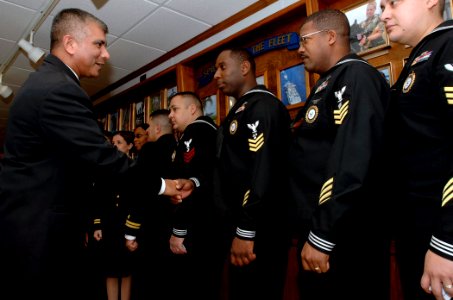 US Navy 080109-N-9769P-006 Master Chief of the Navy (MCPON) Joe Campa greets Commander, Navy Recruiting Command's (CNRC) Recruiters of the Year (ROY) in the Navy Annex during ROY week