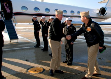 US Navy 080108-N-6159A-001 Capt. George G. Womack, commanding officer of Naval Air Station Brunswick, greets Chief of Naval Operations (CNO) Adm. Gary Roughead on the flight line at NAS Brunswick