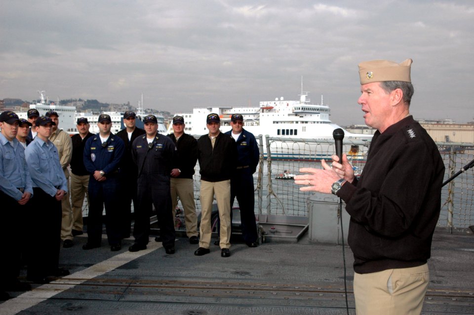 US Navy 080109-N-1655H-005 Adm. Mark Fitzgerald, Commander, Naval Forces Europe addresses the crew during an all hands call aboard the guided missile cruiser USS San Jacinto (CG 56)