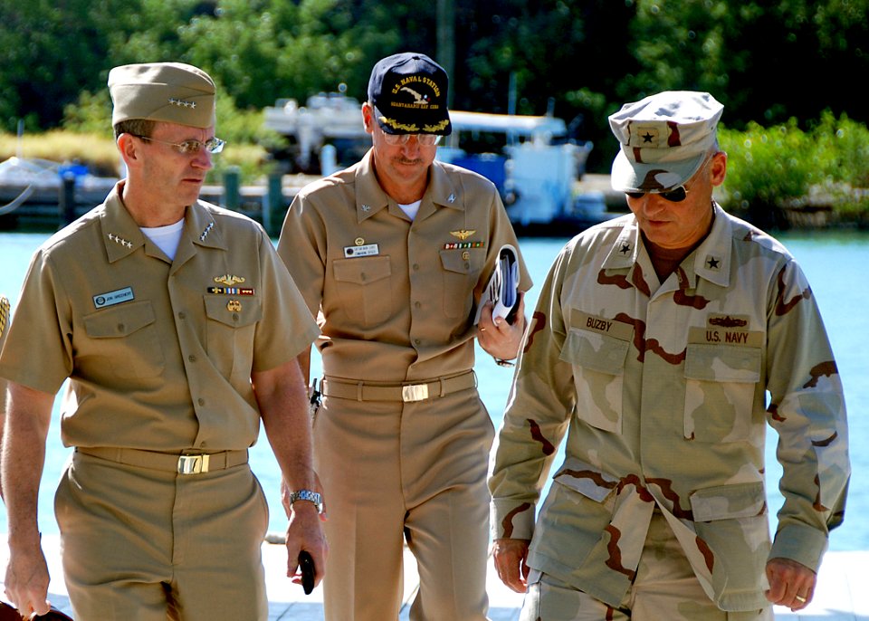US Navy 080117-A-2100S-006 Rear Adm. Mark Buzby, right, commander of Joint Task Force (JTF) Guantanamo, escorts Adm. Jonathan Greenert, left, commander of U.S. Fleet Forces Command, during a tour the JTF Guantanamo operations a