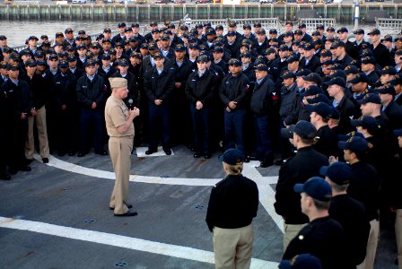 US Navy 080110-N-8273J-344 Adm. Gary Roughead, Chief of Naval Operations (CNO), talks with crewmembers and answers questions during an all-hands call aboard the guided-missile destroyer USS Milius (DDG 69)