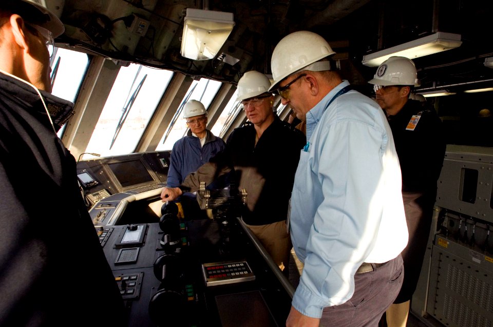US Navy 080114-N-8273J-039 Chief of Naval Operations (CNO) Adm. Gary Roughead tours the pre-commissioning unit littoral combat ship (LCS) Freedom while visiting Marinette Marine Shipyard