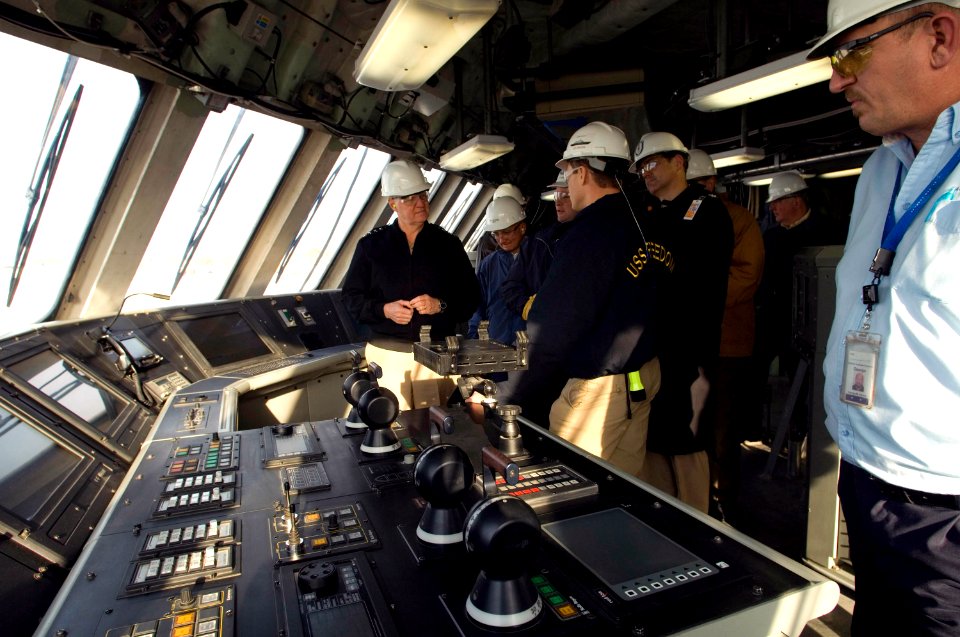 US Navy 080114-N-8273J-032 Chief of Naval Operations (CNO) Adm. Gary Roughead tours the pre-commissioning unit littoral combat ship (LCS) Freedom while visiting Marinette Marine Shipyard