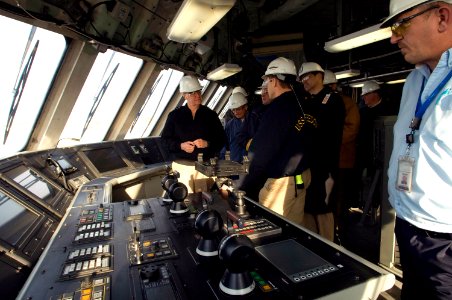 US Navy 080114-N-8273J-032 Chief of Naval Operations (CNO) Adm. Gary Roughead tours the pre-commissioning unit littoral combat ship (LCS) Freedom while visiting Marinette Marine Shipyard