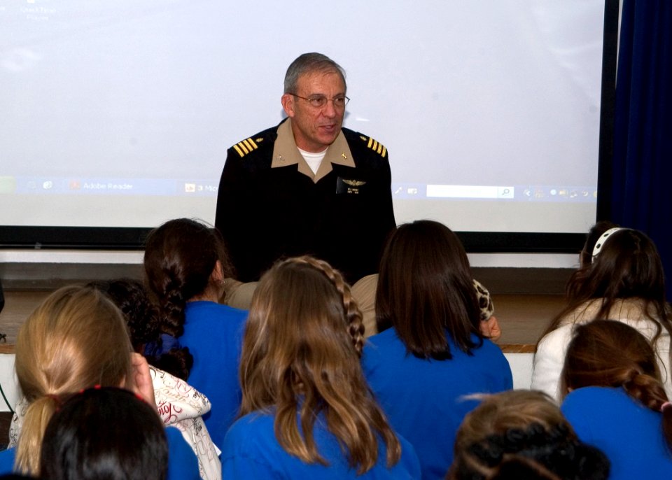 US Navy 080114-N-0483B-002 Capt. Michael J. Krentz, commanding officer of U.S. Naval Hospital, Yokosuka, speaks to the children's choir of The Sullivans Elementary School about the importance of honoring the Rev. Dr. Martin Lut