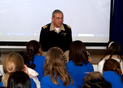 US Navy 080114-N-0483B-002 Capt. Michael J. Krentz, commanding officer of U.S. Naval Hospital, Yokosuka, speaks to the children's choir of The Sullivans Elementary School about the importance of honoring the Rev. Dr. Martin Lut