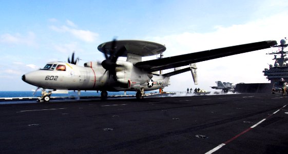 US Navy 080114-N-2984R-141 Capt. Fredrick Pawlowsk, assigned to the Sea Hawks of Carrier Airborne Early Warning Squadron (VAW) 126, pilots an E-2C Hawkeye off the flight deck of the Nimitz-class nuclear-powered aircraft carrier