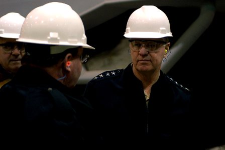 US Navy 080114-N-8273J-127 Chief of Naval Operations (CNO) Adm. Gary Roughead tours the pre-commissioning unit littoral combat ship (LCS) Freedom while visiting Marinette Marine Shipyard photo