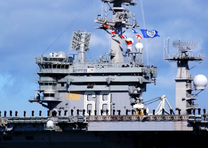 US Navy 080124-N-1226D-109 Sailors man the rails on the flight deck aboard the nuclear-powered aircraft carrier USS Nimitz (CVN 68)