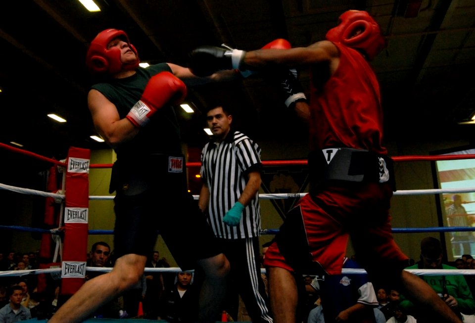 US Navy 080127-N-8923M-077 Sailors compete in a Smokers boxing match in the hangar bay of the Nimitz-class aircraft carrier USS Harry S. Truman (CVN 75)