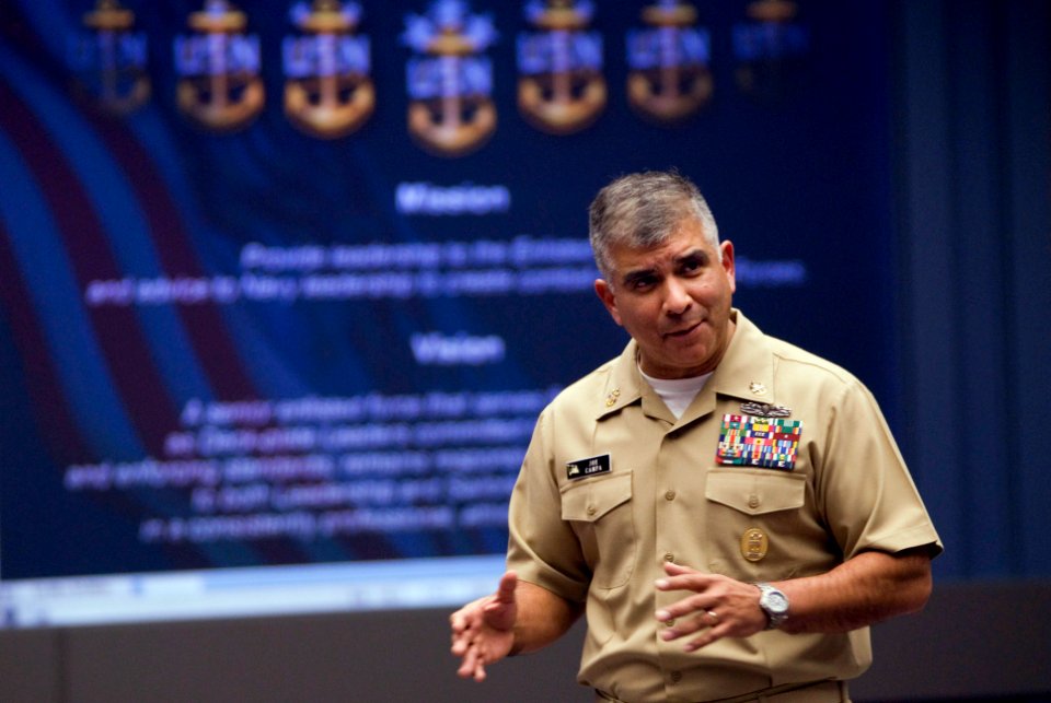 US Navy 080128-N-9818V-129 Master Chief Petty Officer of the Navy (MCPON) Joe R. Campa Jr. addresses the Judge Advocate General (JAG) Corps leadership at the 2008 Commander Training Symposium