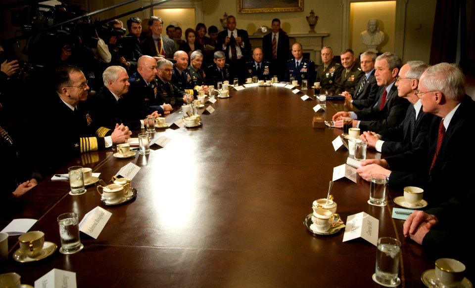 US Navy 080129-N-0696M-033 Adm. Mike Mullen, chairman of the Joint Chiefs of Staff and Secretary of Defense Robert M. Gates attend a meeting of military combatant commanders with President George W. Bush