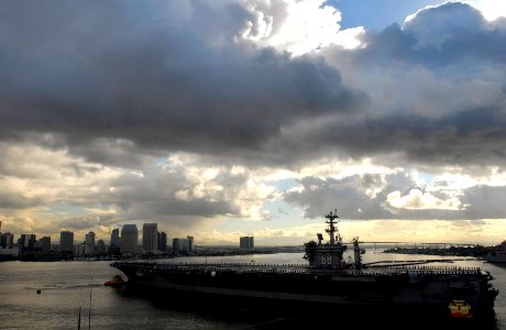 US Navy 080124-N-4776G-052 Sailors man the rails aboard the nuclear-powered aircraft carrier USS Nimitz (CVN 68) as the ship gets under way