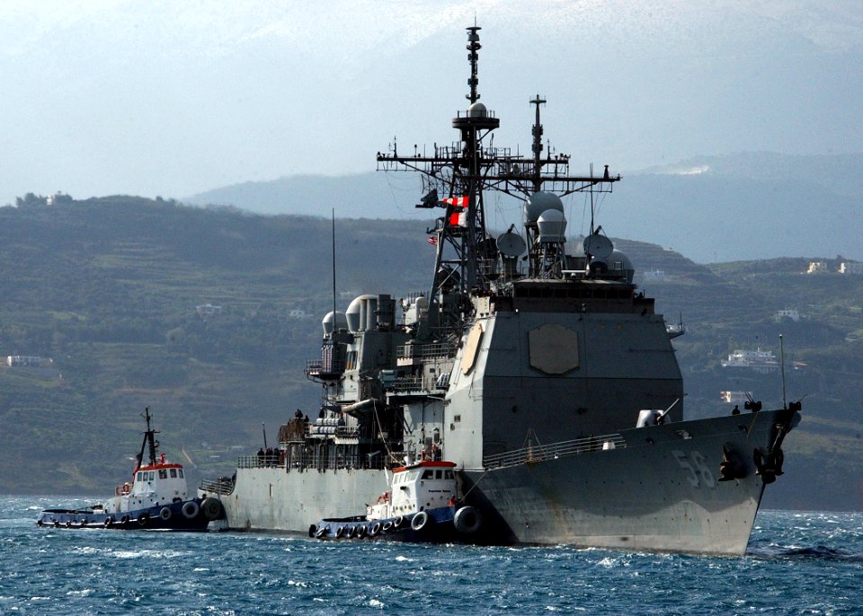 US Navy 080128-N-0780F-005 The Ticonderoga-class guided-missile cruiser USS San Jacinto (CG 56) arrives in Souda Harbor for a routine port visit