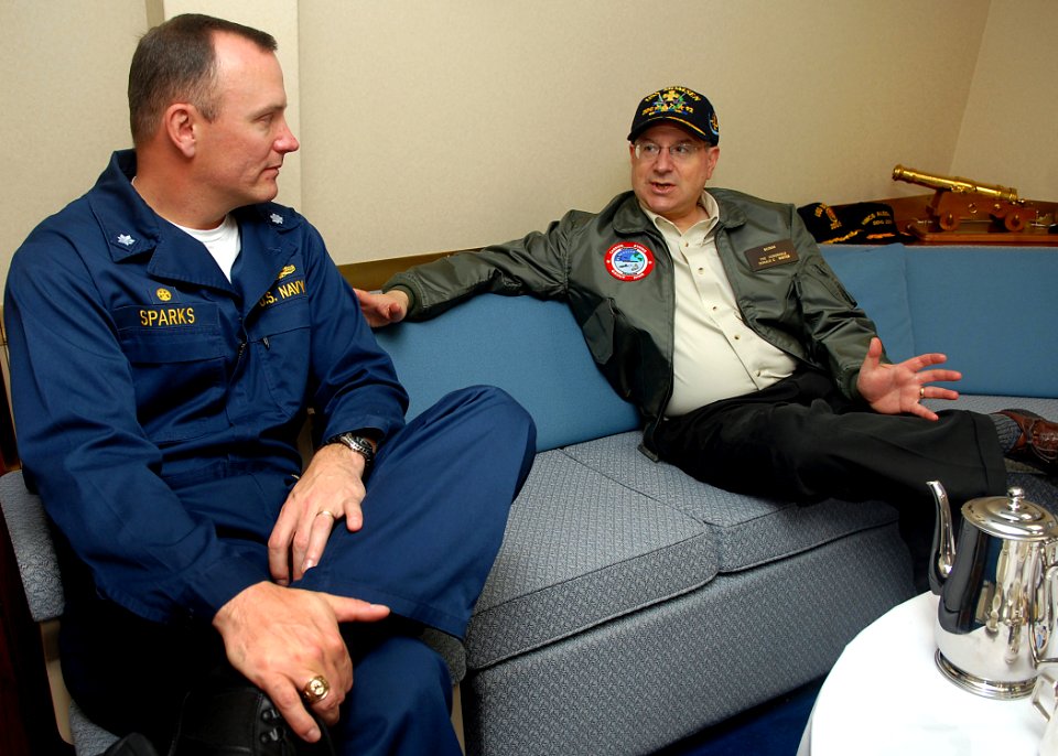 US Navy 080127-N-7981E-150 Secretary of the Navy (SECNAV) The Honorable Dr. Donald Winter speaks with Cmdr. Michael Sparks, commanding officer of the Arleigh Burke-class guided-missile destroyer USS Momsen (DDG 92) inside the s photo