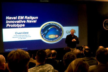 US Navy 080131-N-8273J-119 Adm. Gary Roughead Chief of Naval Operations (CNO) speaks during the electromagnetic (EM) railgun live-fire demonstration at Naval Surface Warfare Center (NSWC) Dahlgren