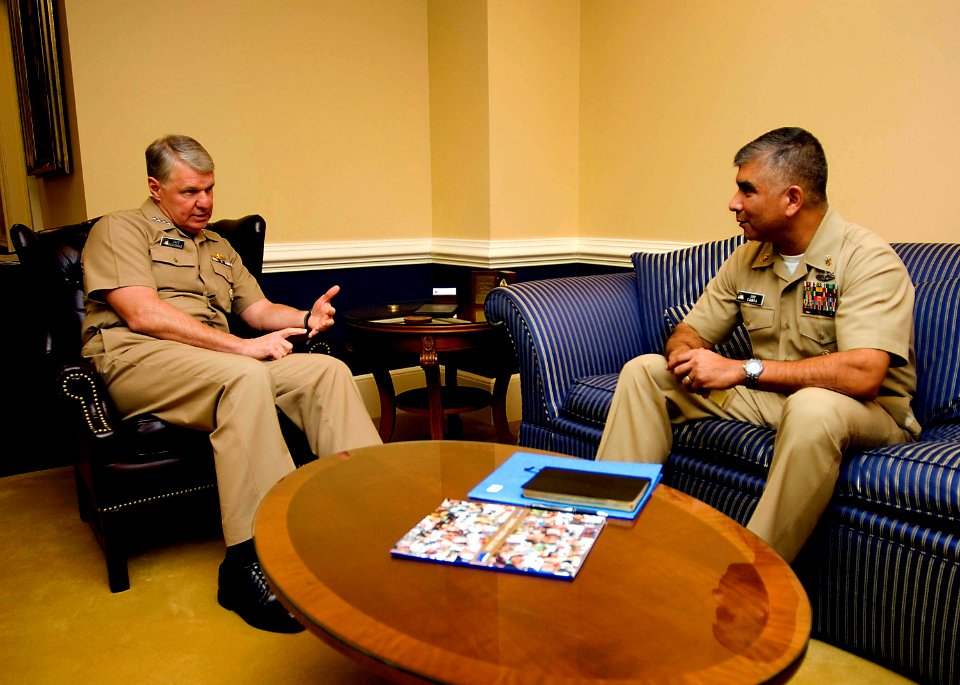 US Navy 080124-N-8273J-003 Chief of Naval Operations (CNO) Adm. Gary Roughead speaks with Master Chief Petty Officer of the Navy (MCPON) Joe R. Campa Jr. during an office call at the Pentagon