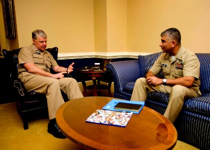 US Navy 080124-N-8273J-003 Chief of Naval Operations (CNO) Adm. Gary Roughead speaks with Master Chief Petty Officer of the Navy (MCPON) Joe R. Campa Jr. during an office call at the Pentagon photo