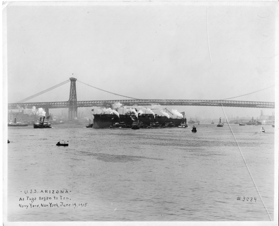 USS Arizona pushed by tugs after launch NARA 19-LC-19A-10