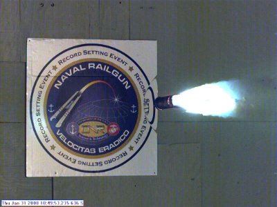 US Navy 080131-N-0000X-004 Photograph taken from a high-speed video camera during a record-setting firing of an electromagnetic railgun (EMRG) at Naval Surface Warfare Center, Dahlgren, Va., on January 31, 2008