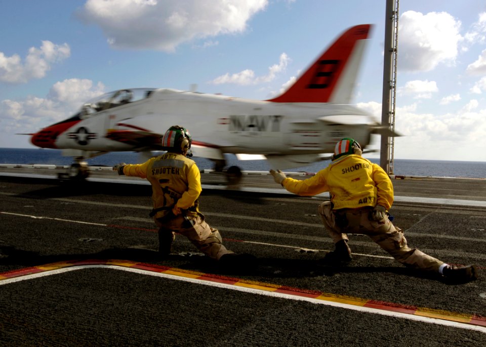 US Navy 080202-N-7241L-026 A T-45 Goshawk training aircraft is launched from the flight deck of the Nimitz-class aircraft carrier USS Theodore Roosevelt (CVN 71)