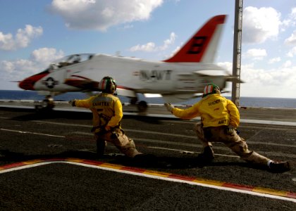 US Navy 080202-N-7241L-026 A T-45 Goshawk training aircraft is launched from the flight deck of the Nimitz-class aircraft carrier USS Theodore Roosevelt (CVN 71)