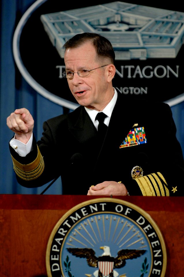US Navy 080201-N-9818V-139 Adm. Mike Mullen, Chairman of the Joint Chiefs of Staff, addresses the media in the Pentagon press briefing room