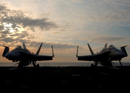 US Navy 080129-N-7571S-004 Two F-A-18 Hornet fighter aircraft, assigned to the