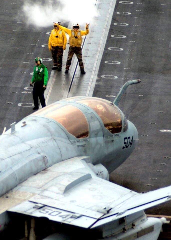 US Navy 080129-N-7571S-007 An Aviation Boatswain's Mate (Handling) directs an EA-6B Prowler, assigned to the