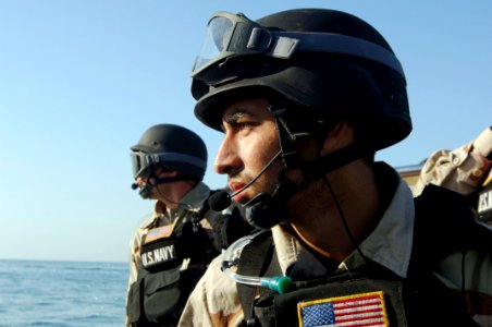 US Navy 080206-N-2420K-103 Damage Controlman 3rd Class Matthew Villafuerte, front, and Operations Specialist 2nd Class Adrian Perez, both members of the guided-missile frigate USS Ingraham (FFG 61) visit, board, search and seiz