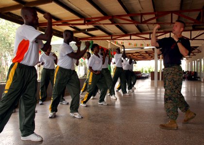 US Navy 080208-N-0577G-092 Staff Sgt. William Sudbrock of Vero Beach, Fla., a Marine assigned to Africa Partnership Station (APS), begins the first day of martial-arts instruction for the 2nd Infantry Battalion of the Ghanaian