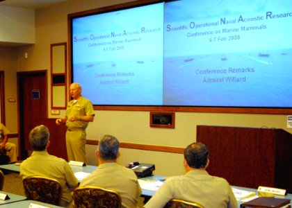 US Navy 080206-N-5476H-002 Adm. Robert F. Willard, commander of the U.S. Pacific Fleet, speaks to attendees of the 2008 Scientific Operational Naval Acoustic Research Conference on Marine Mammals